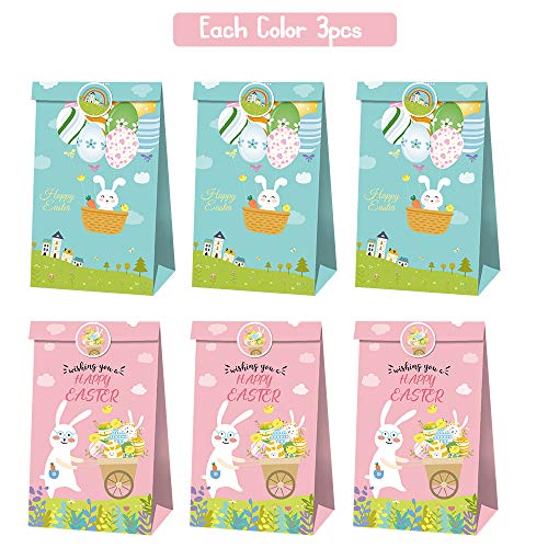 Easter Eggs Bunny Gift Bags, 12pcs Colorful Easter Basket Bag with 18pcs Circle Stickers for Kids Happy Easter Party Candies Cookie Chocolate 3