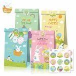 Easter Eggs Bunny Gift Bags, 12pcs Colorful Easter Basket Bag with 18pcs Circle Stickers for Kids Happy Easter Party Candies Cookie Chocolate 7