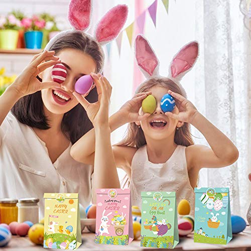Easter Eggs Bunny Gift Bags, 12pcs Colorful Easter Basket Bag with 18pcs Circle Stickers for Kids Happy Easter Party Candies Cookie Chocolate 5
