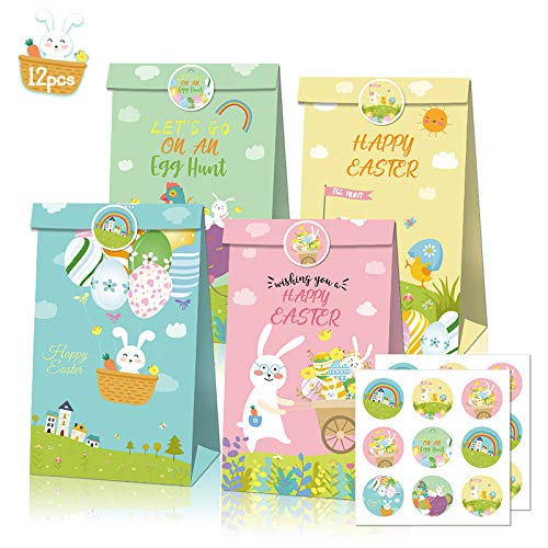Easter Eggs Bunny Gift Bags, 12pcs Colorful Easter Basket Bag with 18pcs Circle Stickers for Kids Happy Easter Party Candies Cookie Chocolate 1