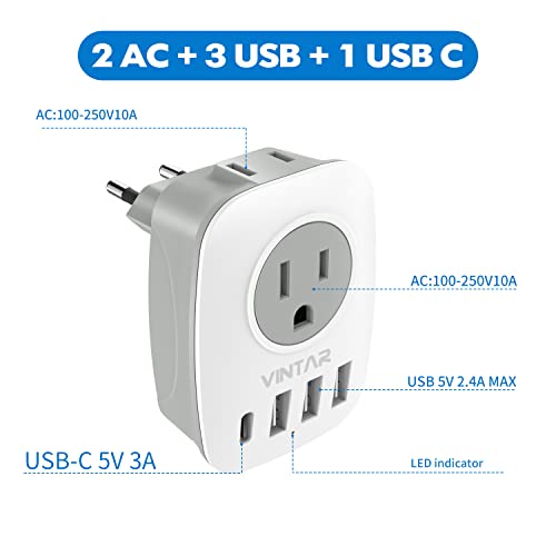 [2-Pack] European Travel Plug Adapter, VINTAR International Power Plug Adapter with 1 USB C, 2 American Outlets and 3 USB Ports, 6 in 1 Travel Essentials to Most of Europe Greece, Italy(Type C) 2