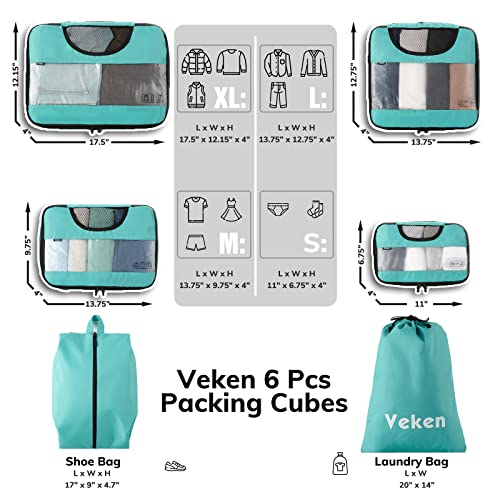 Veken 6 Set Packing Cubes for Suitcases, Travel Bags for Carry on Luggage, Suitcase Organizer Bags Set for Travel Essentials Travel Accessories in 4 Sizes(Extra Large, Large, Medium, Small)，Cyan 2