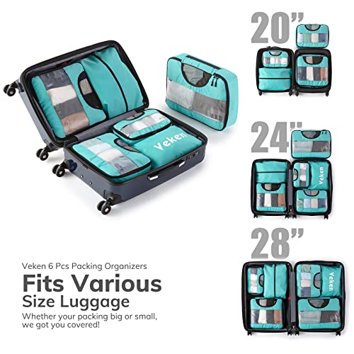 Veken 6 Set Packing Cubes for Suitcases, Travel Bags for Carry on Luggage, Suitcase Organizer Bags Set for Travel Essentials Travel Accessories in 4 Sizes(Extra Large, Large, Medium, Small)，Cyan 4